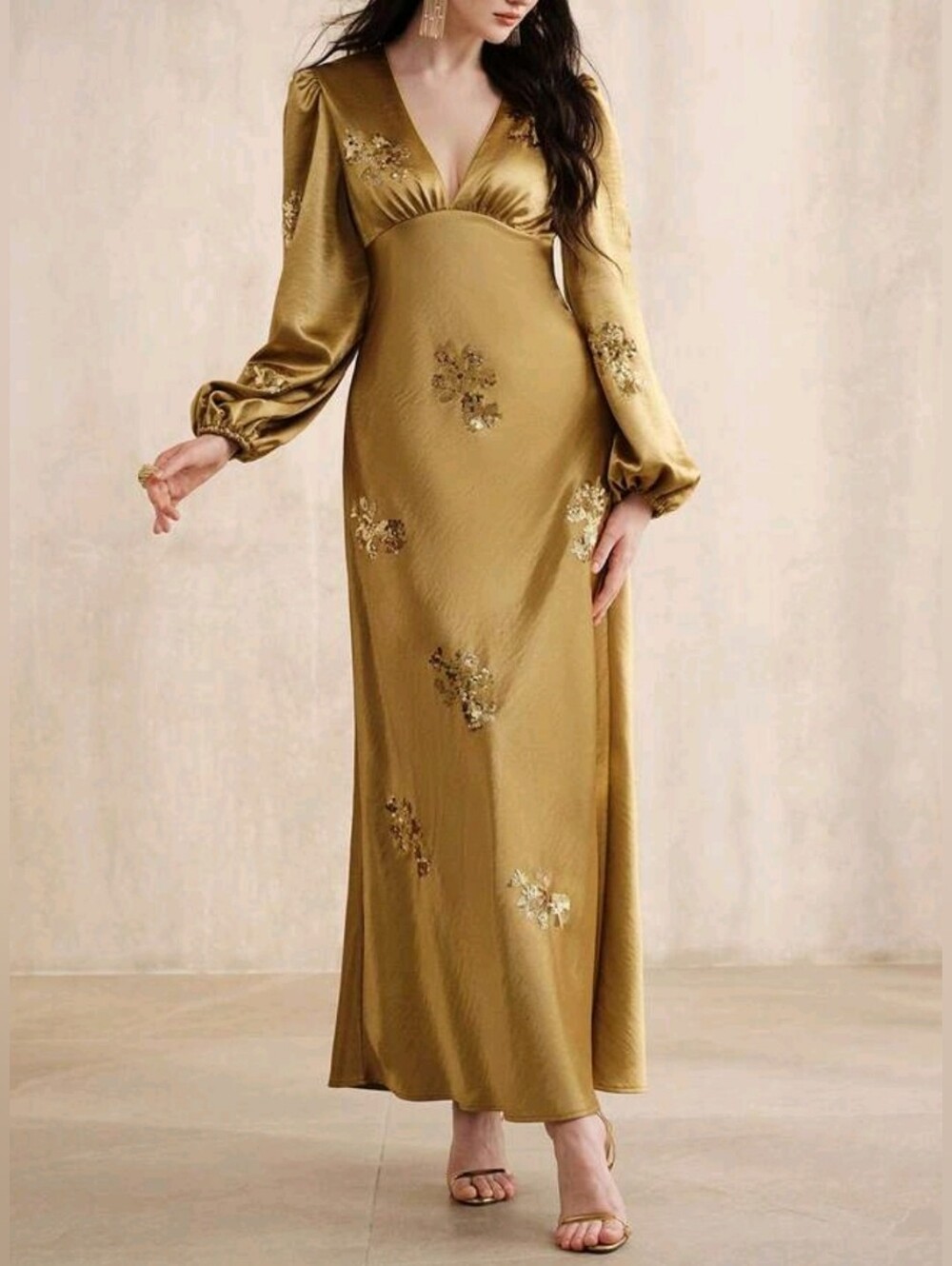 New Luxe Sequin Satin Maxi Dress Bishop Long Sleeve High Waist Gold